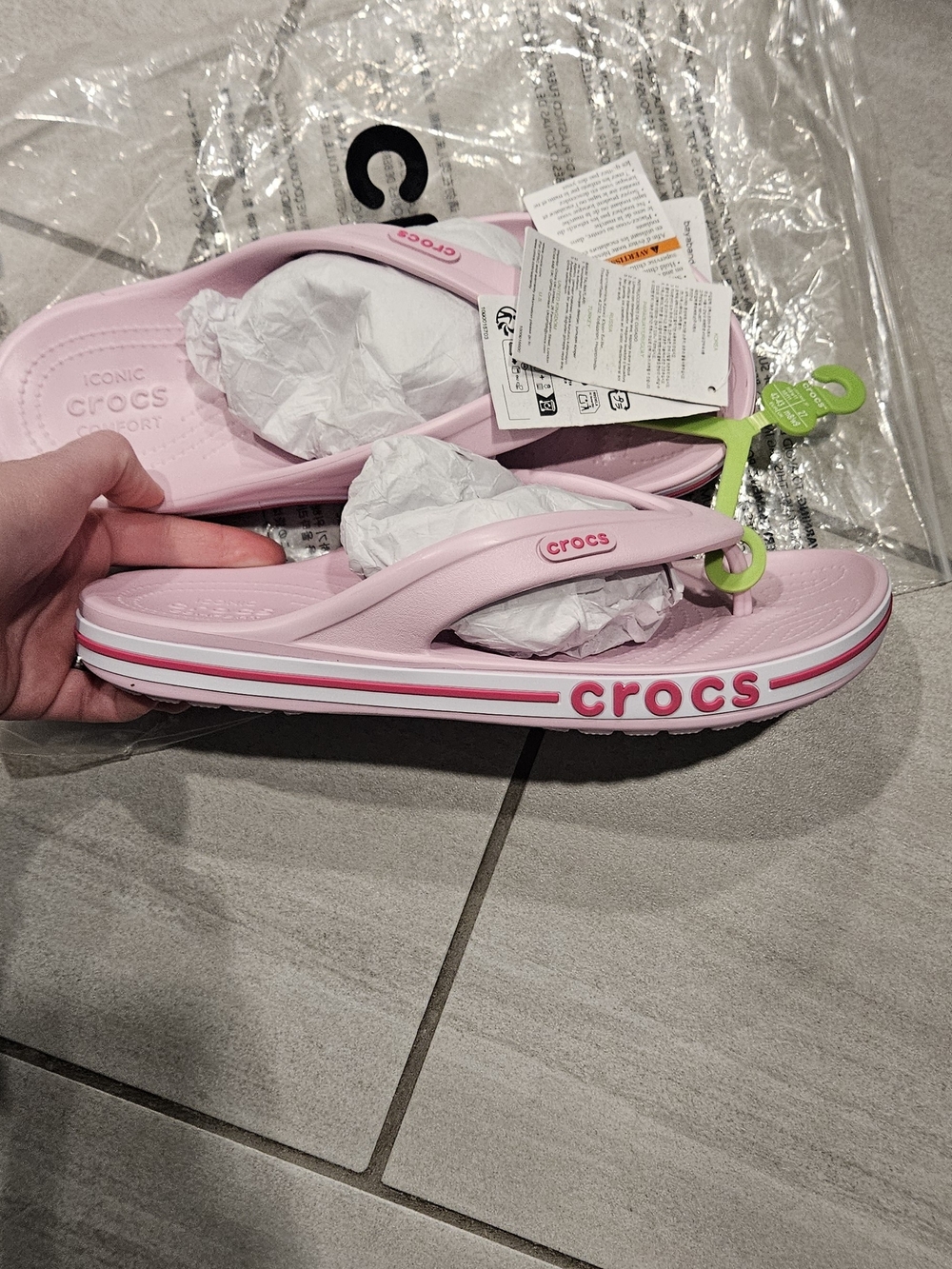 NWT CROCS  Pink and White Bayband Flip Flops.